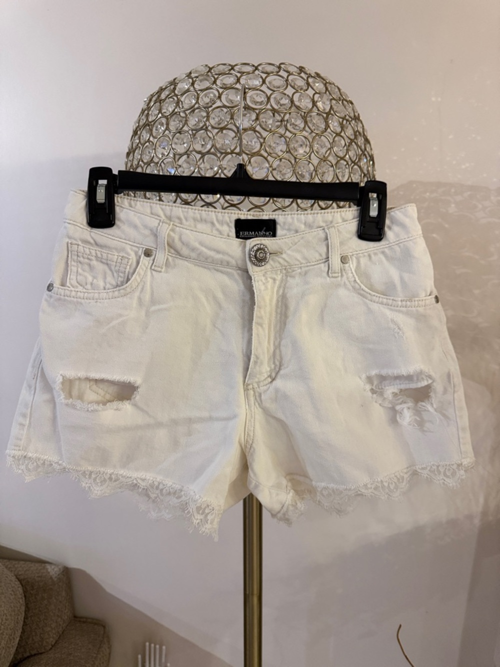 Ermanno Scervino White Distressed Lace-Trim Denim Shorts 40